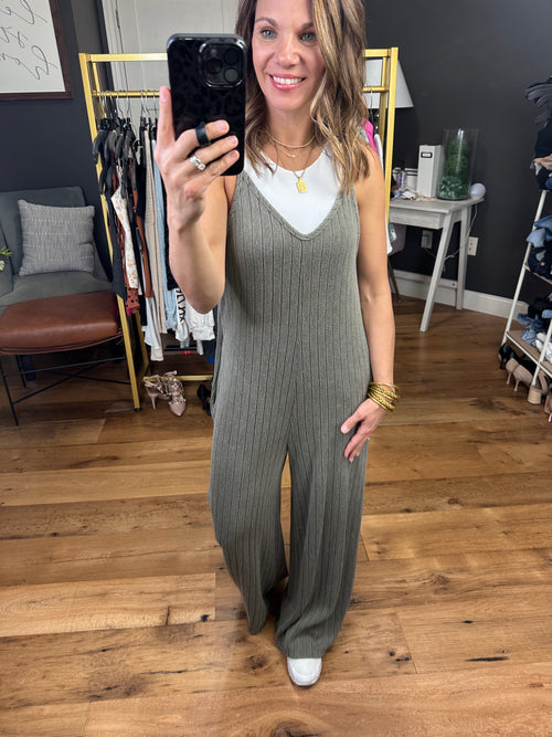 Showing Up Wide-Leg Ribbed Knit Jumpsuit - Olive