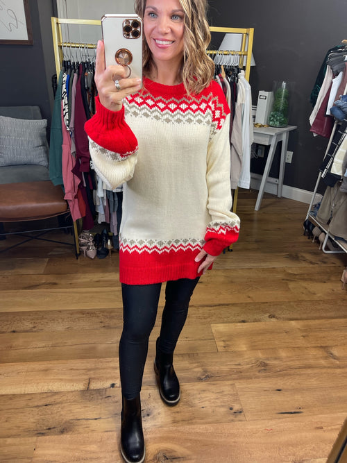 Home For The Holidays Balloon Sleeve Tunic Sweater - Ivory/Red