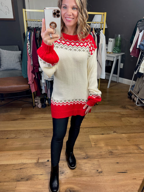Home For The Holidays Balloon Sleeve Tunic Sweater - Ivory/Red