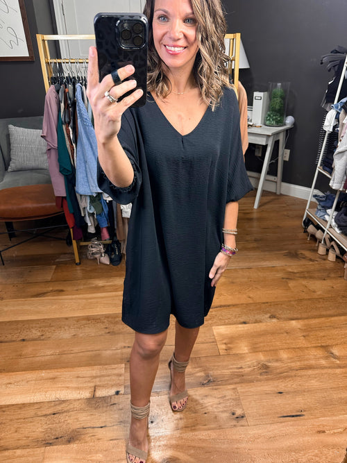 Caught Up In You Oversized Dolman Sleeve Dress With Pockets - Black