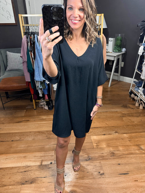 Caught Up In You Oversized Dolman Sleeve Dress With Pockets - Black